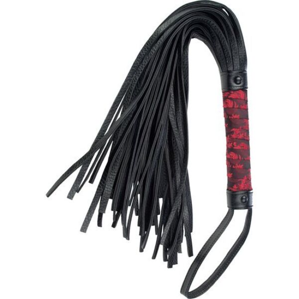 Μαστίγιο CalExotics Scandal Flogger με κόκκινη και μαύρη υφασμάτινη λαβή και μαύρες λωρίδες