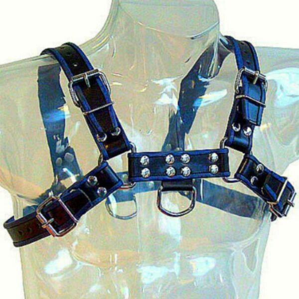 Ανδρικό harness Leather Body Chest Bulldog σε μπλε και μαύρο, με ιμάντες και μεταλλικές αλυσίδες