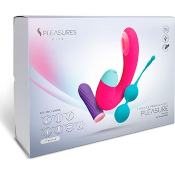 Ερωτικό σετ S Pleasures Pleasure Kit με δονητή σφαίρα, διπλό διεγέρτη, μπάλες Kegel, λιπαντικό, καθαριστικό, φτερό και μάσκα ματιών
