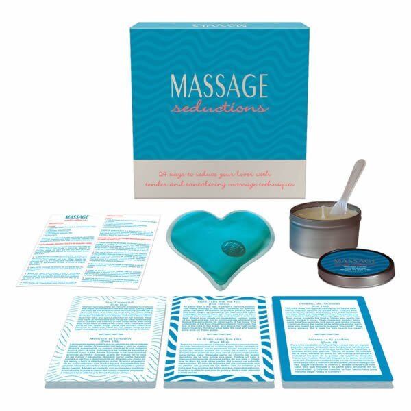 Σετ μασάζ Kheper Games Massage Seductions με τις κάρτες, το κερί, το κουτάλι και την καρδιά γέλης