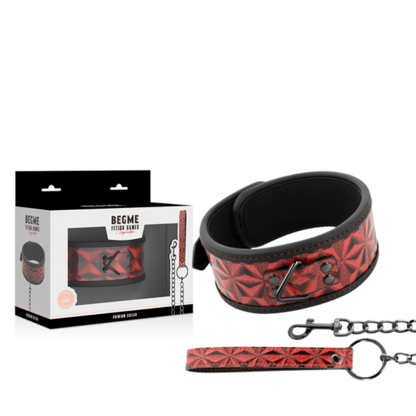 Κολάρο BDSM Begme Red Edition από vegan δέρμα με μεταλλική αλυσίδα, κρίκο λαιμού και λουρί