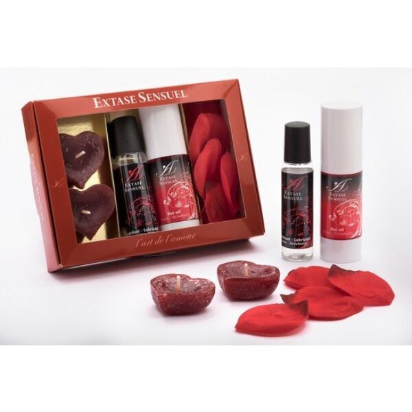 Σετ Extase Sensuel με φράουλα, με Hot Oil, λιπαντικό τζελ, πέταλα τριαντάφυλλου και κεριά που επιπλέουν