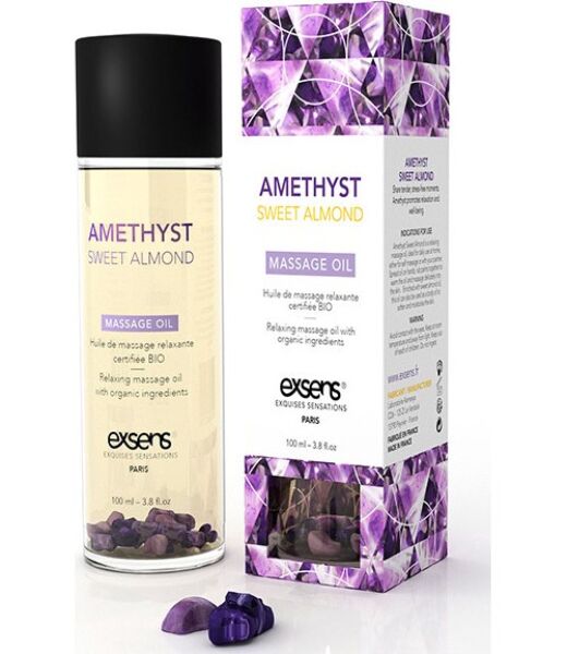 Φιάλη με λάδι μασάζ Exsens Relaxing Oil Amatista 100 ml και πέτρες αμέθυστου στο εσωτερικό