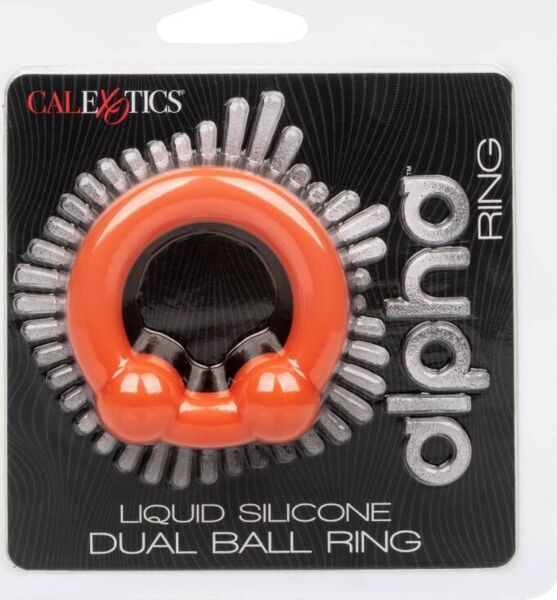 Δαχτυλίδι πέους CalExotics Alpha Dual Ball Ring από πορτοκαλί σιλικόνη, με δύο μπάλες