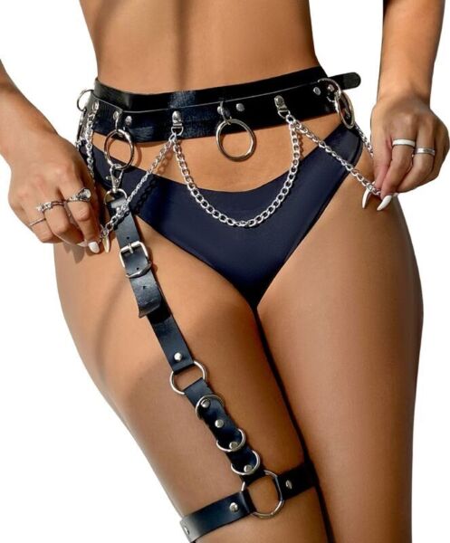 Harness με καλτσοδέτα Subblime από μαύρο δέρμα με λεπτομέρειες από αλυσίδες και δαχτυλίδια