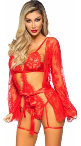 Σετ Leg Avenue All Romance 86123 σε κόκκινο, με κορμάκι δαντέλας με ζαρτιέρες και κοντή ρόμπα στο ίδιο στυλ