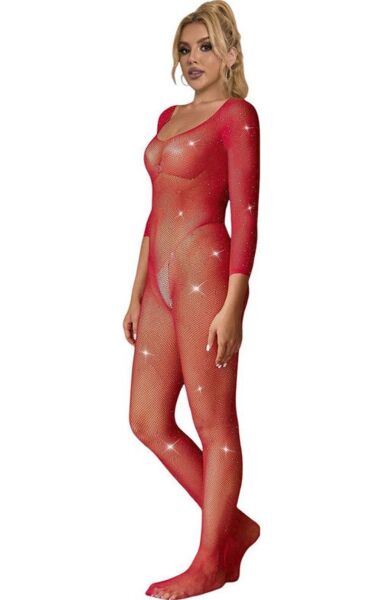 Bodystocking Subblime από κόκκινο διχτυωτό με σχέδιο διαμάντια και μακρύ μανίκι
