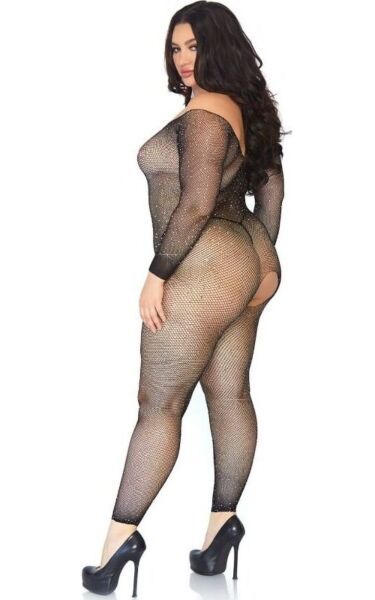 Μαύρο διχτυωτό bodystocking Leg Avenue Plus Seamless Fishnet, με μακρύ μανίκι και στρας