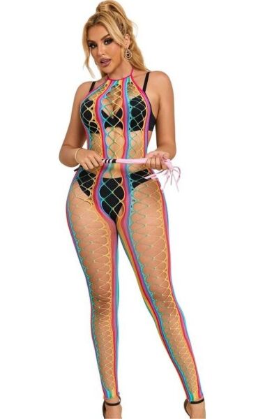 Διχτυωτό bodystocking Subblime με μοτίβο ουράνιου τόξου και δέσιμο στον λαιμό