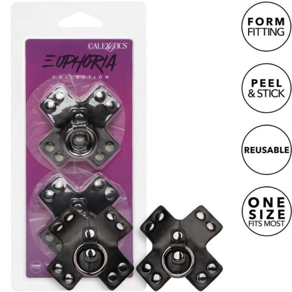 Αυτοκόλλητα καλύμματα θηλών CalExotics Euphoria O-Ring σε μαύρο χρώμα, με μεταλλικό δαχτυλίδι και καρφάκια