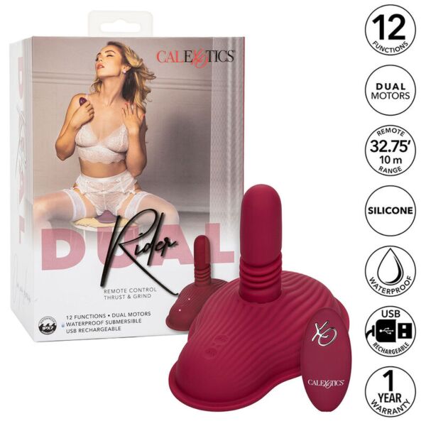 Δονητής για καβάλημα CalExotics Dual Rider Thrust & Grind σε κόκκινο χρώμα, με το τηλεχειριστήριό του