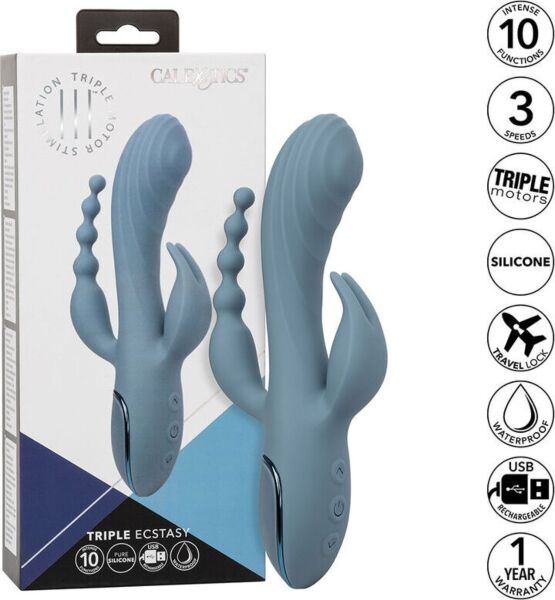 Μπλε δονητής rabbit CalExotics III Triple Ecstasy, με άξονα, διεγέρτη και ουρά με μπίλιες