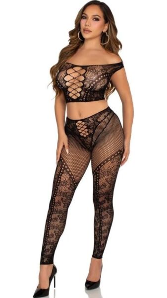 Σετ λιγκερί Leg Avenue Love Me Tonight σε μαύρο: crop top με ανοιχτούς ώμους και κολάν από δαντέλα και διχτυωτό