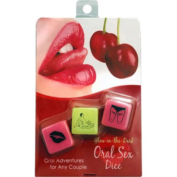 Τα τρία ζάρια Kheper Glow-in-the-Dark Oral Sex Dice, δύο ροζ και ένα πράσινο