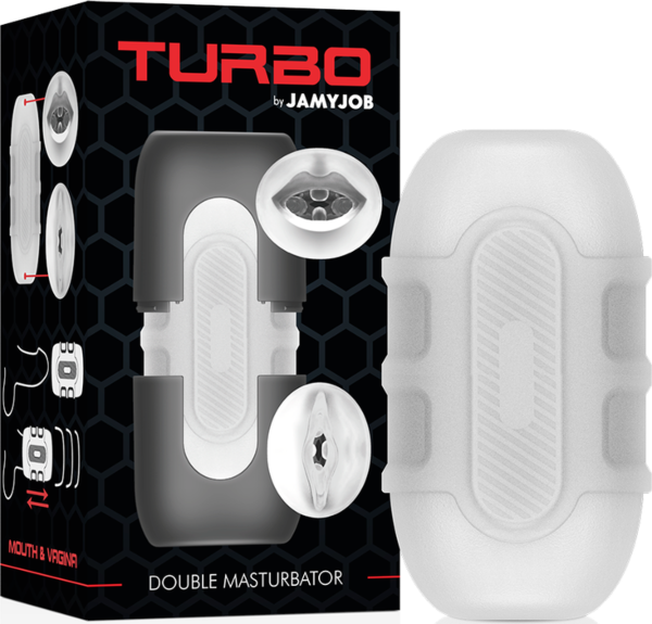 Διπλό αυνανιστήρι Jamyjob Turbo, με τις δύο εισόδους του σε σχήμα στόματος και κόλπου