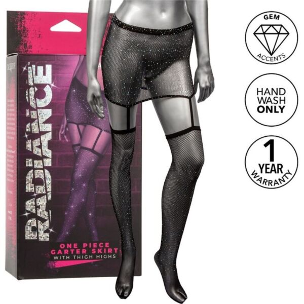 Κάλτσες με ζαρτιέρα CalExotics Radiance Garter One-Piece, μίνι φούστα με ζαρτιέρες και κάλτσες μέχρι τον μηρό σε ένα κομμάτι