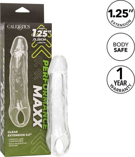Διάφανη θήκη πέους CalExotics Performance Maxx Clear Extension 5,5 με λουράκι για το όσχεο