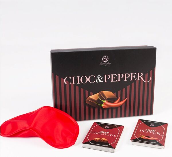 Ερωτικό παιχνίδι με κάρτες Secret Play Choc & Pepper, με τις κάρτες σοκολάτας και πιπεριάς και τη μάσκα ματιών