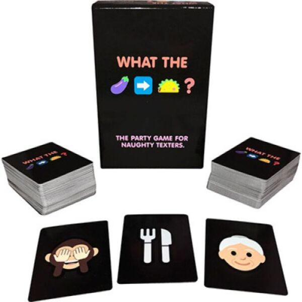 Ερωτικό παιχνίδι με κάρτες για ενήλικες What The Game της Kheper Games, με το κουτί και τις κάρτες emoji