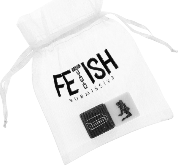 Ζάρια Fetish Submissive, ένα λευκό και ένα μαύρο, δίπλα στο σατέν σακουλάκι τους
