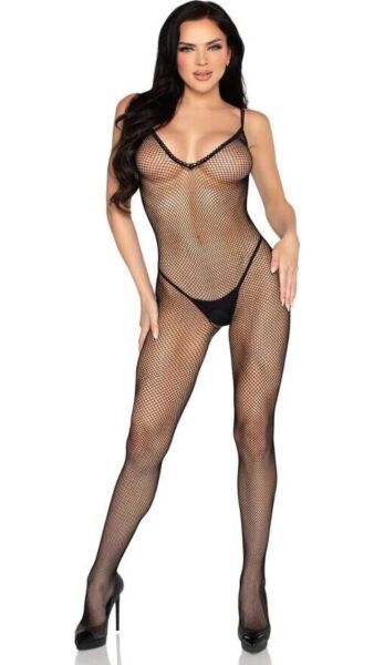 Bodystocking Leg Avenue 89375 από μαύρο δίχτυ με τελείωμα βελονάκι και άνοιγμα στον καβάλο