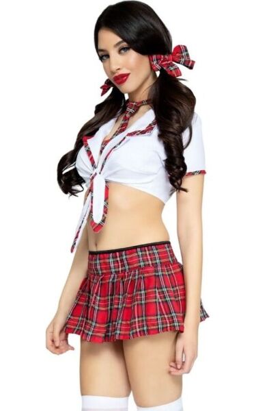 Στολή μαθητριάς Leg Avenue Miss Prep School σε κόκκινο και λευκό, με κοντό top, καρό πλισέ φούστα, γραβάτα και φιόγκους