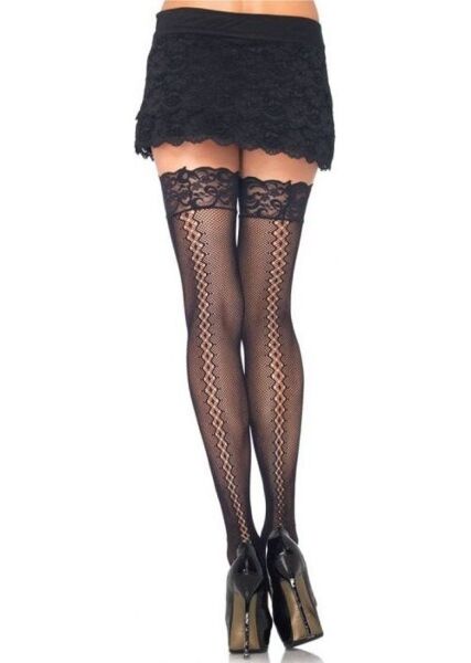 Μαύρες δικτυωτές κάλτσες Leg Avenue Amor Twist μέχρι τον μηρό, με πίσω ραφή από ρόμβους