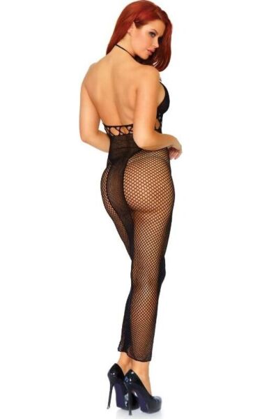 Μακρύ δικτυωτό φόρεμα Leg Avenue Power Move σε μαύρο χρώμα, με halter λαιμόκοψη και ανοιχτή πλάτη