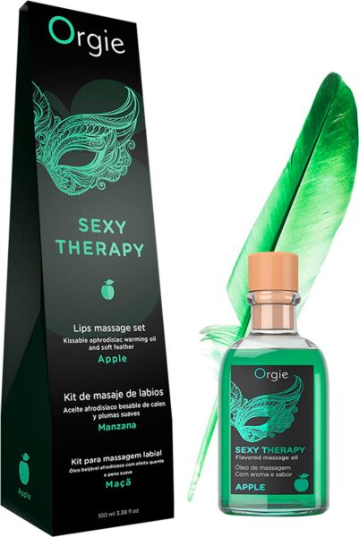 Σετ μασάζ Orgie Lips Massage με φιλήσιμο λάδι 100 ml, φτερό και οδηγό μασάζ