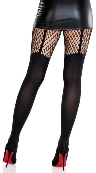Μαύρο καλσόν Leg Avenue Jett Garter Illusion, αδιαφανές με δίχτυ στον μηρό που μιμείται ζαρτιέρα