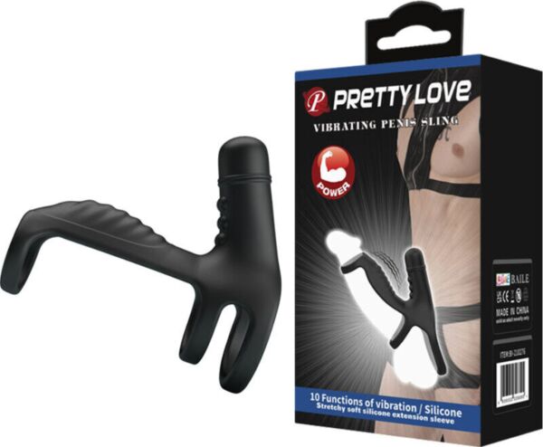 Μαύρη ελαστική θήκη πέους Pretty Love Vibrating Penis Sling με βάση δαχτυλιδιού και ανάγλυφη επιφάνεια