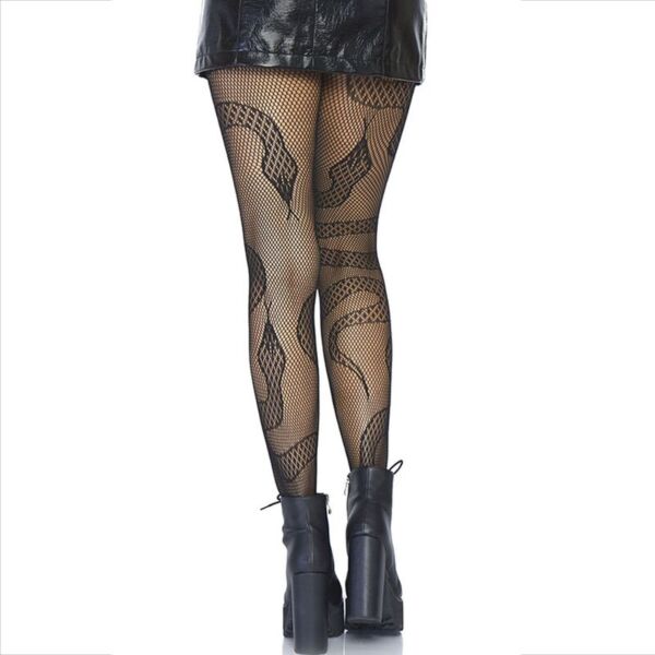 Μαύρο διχτυωτό καλσόν Leg Avenue Snake Net Tights, με φίδια από δαντέλα πάνω στο δίχτυ