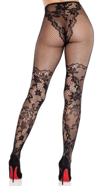 Καλσόν με δαντέλα Leg Avenue Dahlia Lace Tights σε μαύρο χρώμα, με δαντέλα με λουλούδια και πλέγμα στον μηρό