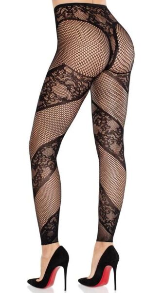 Καλσόν χωρίς πέλμα Leg Avenue Lace and Net Illusion σε μαύρο χρώμα, δικτυωτό με δαντελένια πάνελ