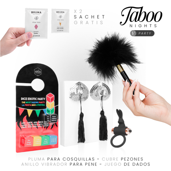 Ερωτικό σετ Taboo Nights 5: Party με παιχνίδι με ζάρια, δονούμενο δαχτυλίδι πέους, καλύμματα θηλών, φτερό και λιπαντικά τζελ