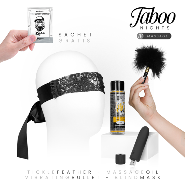 Σετ Taboo Nights 4 Massage με λάδι Bruma, δονητή σφαίρα Geri, μάσκα ματιών, φτερό και πρωκτικό τζελ Black Hole