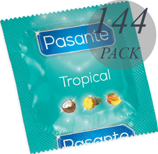 Κουτί με 144 προφυλακτικά Pasante Tropical με γεύσεις μάνγκο, ανανά και καρύδα