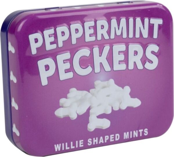 Κουτί με καραμέλες μέντας Peppermint Peckers 30 g της Spencer & Fleetwood, με καραμέλες σε σχήμα πέους