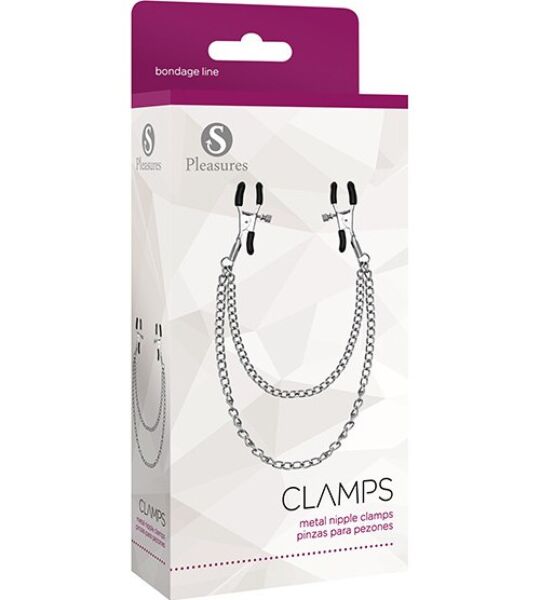 Ασημί τσιμπιδάκια θηλών S Pleasures Metal Nipple Clamps ενωμένα με την αλυσίδα τους