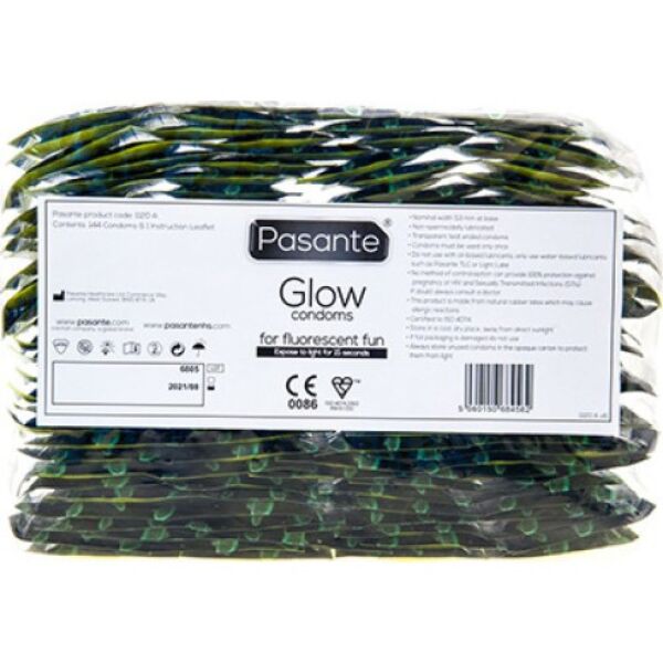Προφυλακτικά Pasante Glow 144, ημιδιαφανή, με πράσινη λάμψη στο σκοτάδι