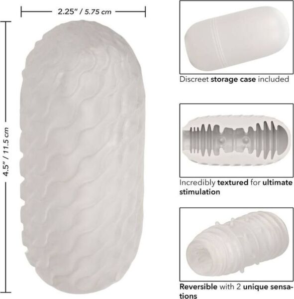 Λευκό αυνανιστήρι CalExotics Boundless Reversible Ribbed Stroker δίπλα στη θήκη του