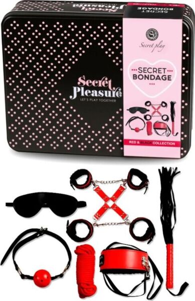 Σετ BDSM Secret Bondage Κόκκινο και Μαύρο της Secret Play, με τα κομμάτια από συνθετικό δέρμα και το σχοινί