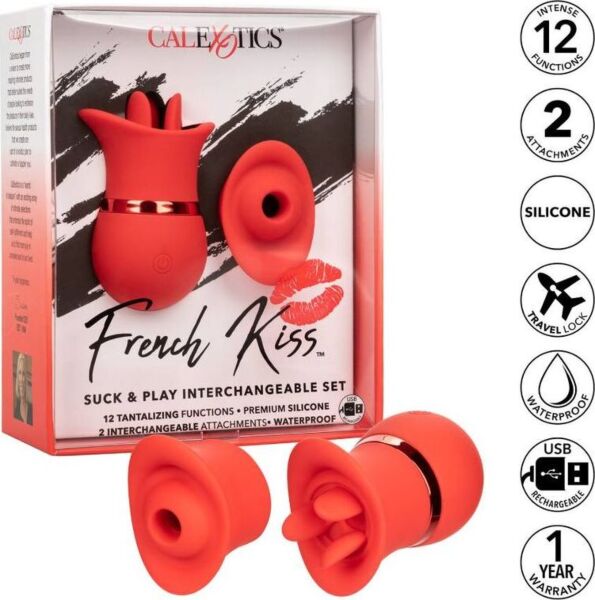 Ο διεγέρτης κλειτορίδας CalExotics French Kiss Suck & Play Set σε κόκκινο χρώμα, με τις δύο εναλλάξιμες κεφαλές του