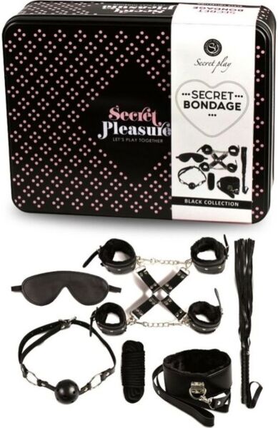 Σετ BDSM Secret Play Secret Bondage 8 τεμαχίων μαύρο, με χειροπέδες, μαστίγιο, φίμωτρο, μάσκα ματιών, κολάρο και σχοινί