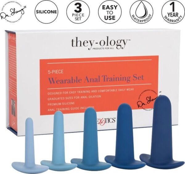 Σετ πρωκτικών διαστολέων CalExotics They-ology 5 τεμαχίων, με τους πέντε μπλε διαστολείς τοποθετημένους κατά μέγεθος