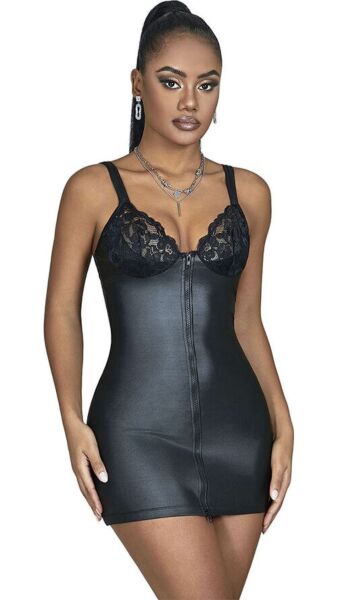 Εσώρουχο Subblime Black PU Leather Lace Zipper σε μαύρο χρώμα, με όψη δέρματος, λουλουδάτη δαντέλα και φερμουάρ μπροστά