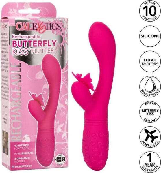 Ροζ δονητής CalExotics Butterfly Kiss Flutter, με τον βραχίονα για το σημείο G και την πεταλούδα