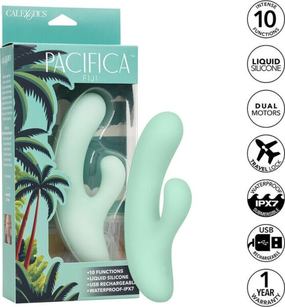 Δονητής σημείου G CalExotics Pacifica Fiji από διάφανη πράσινη σιλικόνη, με καμπύλο στέλεχος και δεύτερο διεγέρτη
