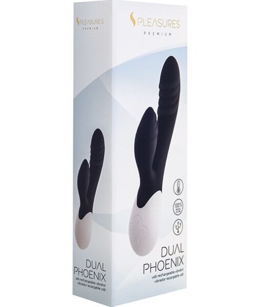 Δονητής rabbit S Pleasures Dual Phoenix σε μαύρο χρώμα, με το μπράτσο για την κλειτορίδα