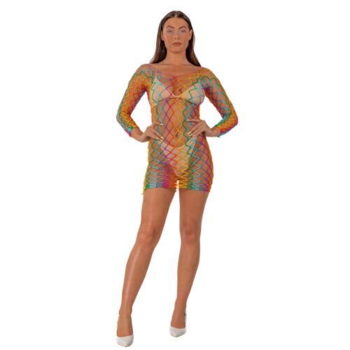 Φόρεμα Lace Rainbow Long Sleeved Mini με ανοιχτό πλέγμα